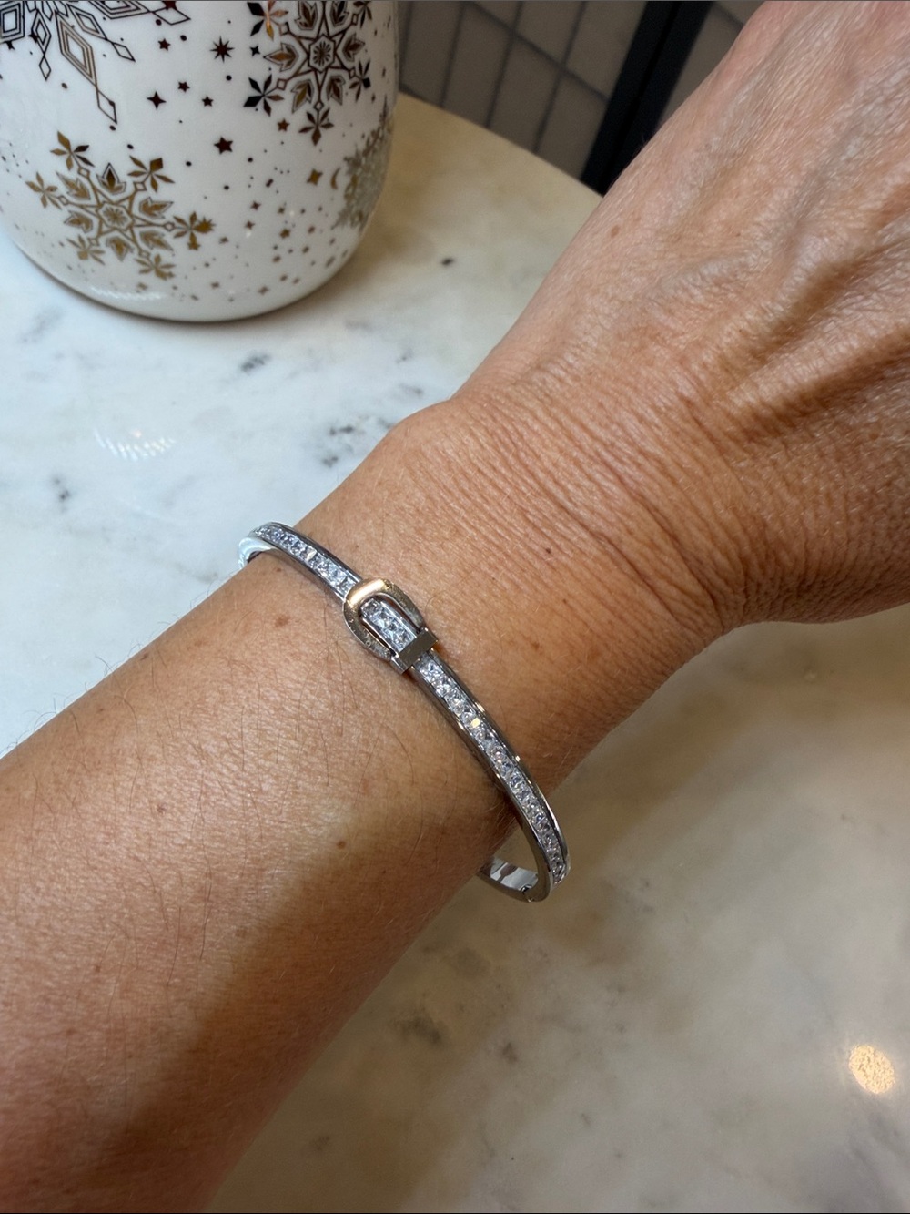 Sparkling Silver Crystal Buckle Bangle Bracelet - Silver Stainless Steel.